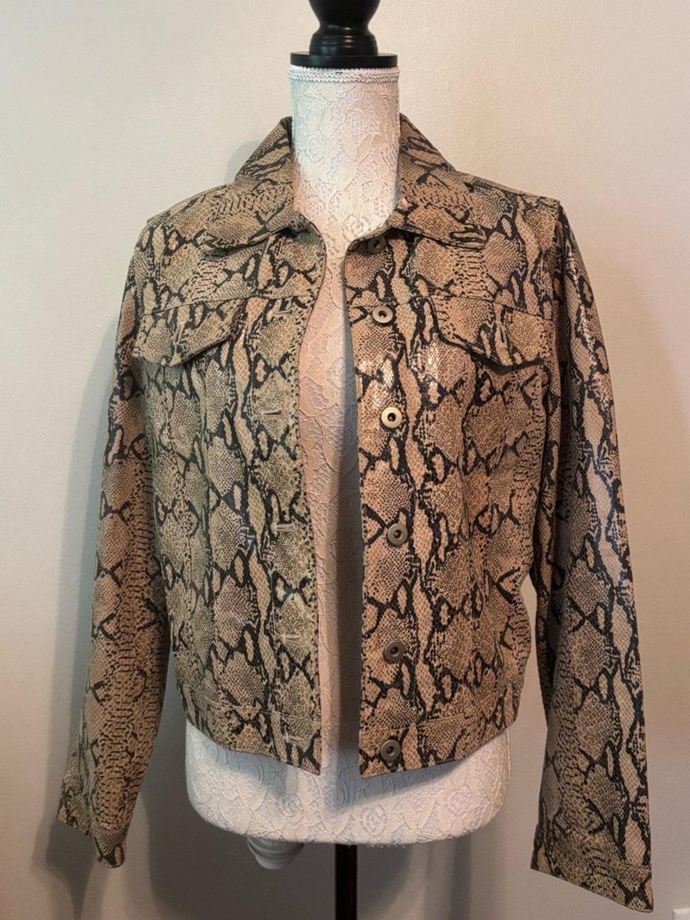 Snake-Print Leather Jacket in Beige and Black